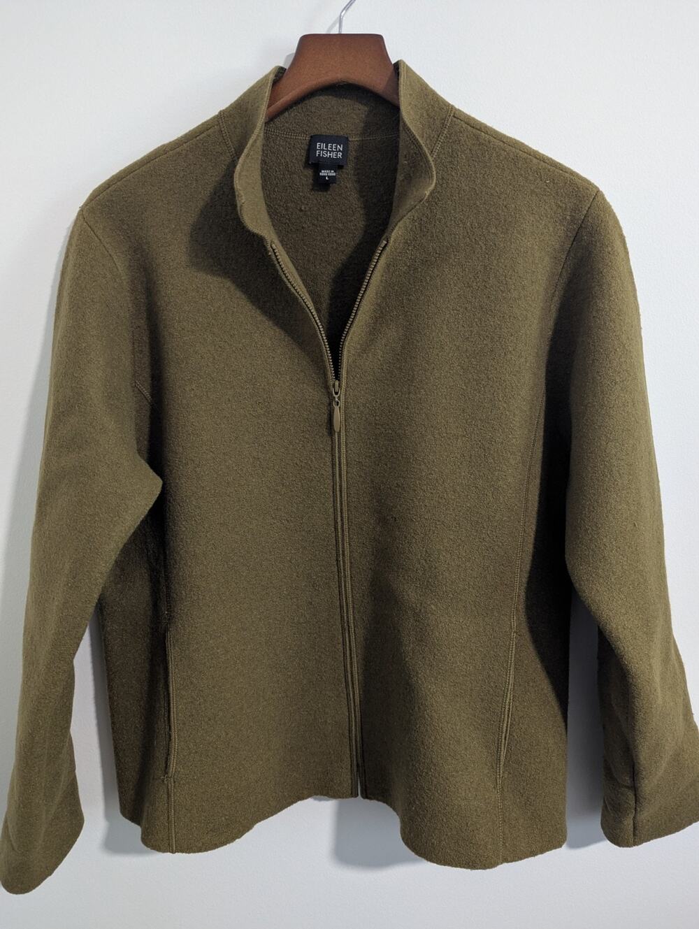 VTG Eileen Fisher Jacket Large Olive Green Boiled Wool Zip Hong Kong